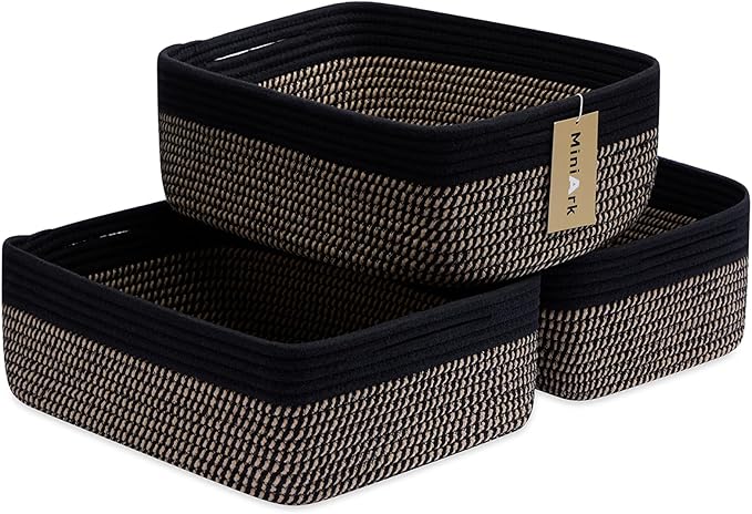 Large Shallow Organizing Baskets 15x11x5.1 Inches - Rope Woven Storage Bins for Bathroom, Shelves, Cube Closet, Black Woven Brown 3 Packs