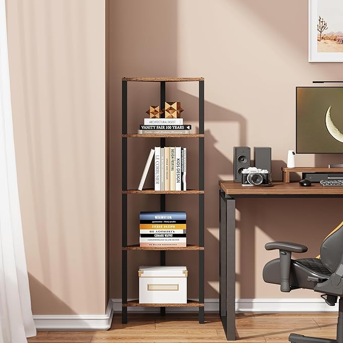 TUTOTAK Corner Shelf, 5-Tier Corner Bookshelf for Small Space, Narrow Display Corner Shelf Stand with Storage Rack, for Living Room, Bedroom, Rustic Brown BS05BB005