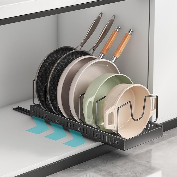 Pot Lid Organizer, Pull-out Pots and Pans Organizer, Under Cabinet Pot Lid Holder for Kitchen, Pots and Pans Storage with 8 Adjustable Dividers (Black, Sliding type)