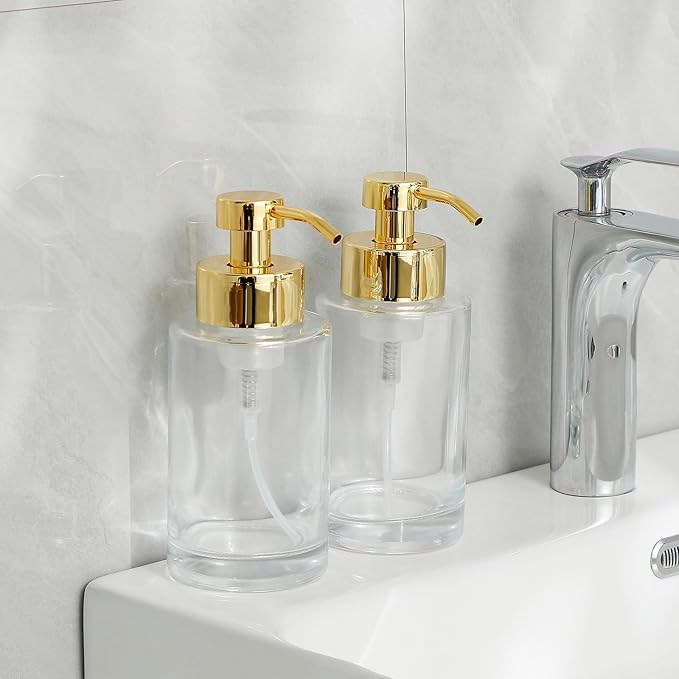 Foaming Soap Dispenser Set, 12 Oz Glass Hand Soap Dispenser with 304 Rust Proof Stainless Steel Pump, Waterproof Labels, for Bathroom Decor Kitchen College Dorm, Clear Gold Pump 2 Pack