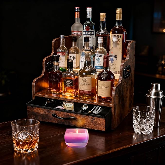 Liquor Bottle Display Shelf 3 Floors with Drawers Countertop Wine Rack can Accommodate 12 Bottles and 36 K Cups, Minibar Coffee Syrup Storage Box, Whiskey