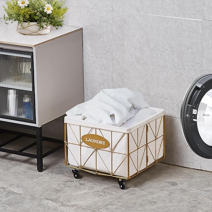 Mxfurhawa Laundry Hamper, 65L Collapsible Laundry Basket Large Capacity Metal Laundry Hamper with Removable Liner, Rolling Wheels and Collapsible Design for Storage and Organization (65L Square)