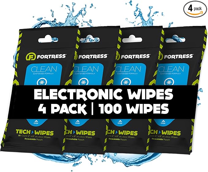 Fortress Electronic Wipes (25 ct, Pack of 4) To-Go Tech Wipes for Screens, Phones, Keyboards, TV Monitors, Computer Screens, and More [Travel Size] Skin-Safe