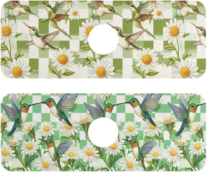 Checkered Green and White Hummingbirds Daisy Kitchen Sink Splash Guard Sink Faucet Mat Faucet Handle Drip Catcher Drain Mats for Kitchen Bathroom