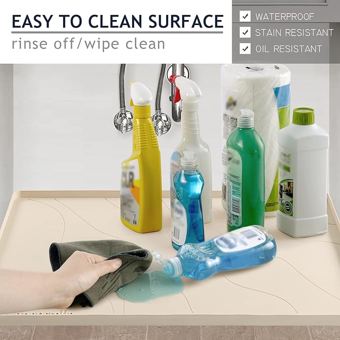 Heavy Duty Silicone Under Sink Mat for Kitchen&Bathroom 28" x 19",Waterproof Under Sink Rubber Mat Drip Tray, Raised Edge Under Sink Liner,Prevent Drips, Leaks, Spills,Beige