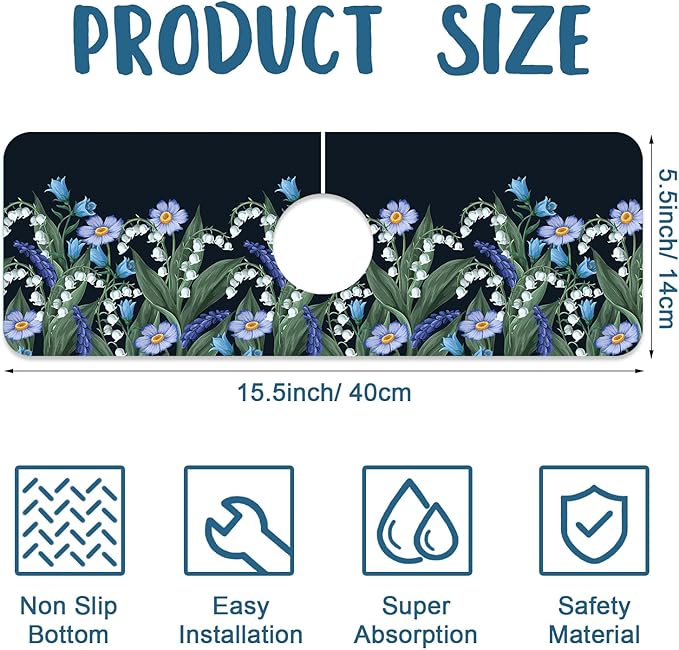 Blooming Lilies Kitchen Sink Splash Guard Faucet Mat Valley Lilies Flowers Super Absorbent Fast Drying Mat Sink Splash Guard Behind Faucet for Kitchen Bathroom, 15.5"x5.5"