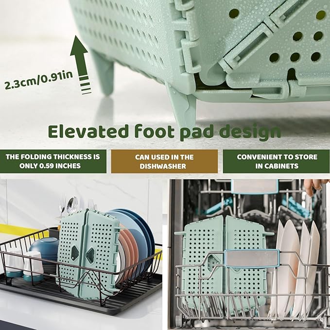 Plastic Collapsible Strainers and Colanders, Foldable Food Strainer for Kitchen, Space-Saving Folding Drain Basket Bowl for Pasta Fruit Vegetables Drainage Storage Dishwasher (Green)