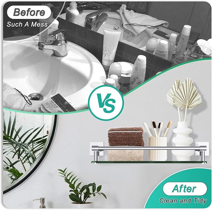 SFGSOWOR Glass Shelves for Wall, Chrome Stainless Steel & Tempered Glass Glass Shelf for Bathroom, Shelf Sink Over Toilet Bathroom Organizer (16-inch, Polished)