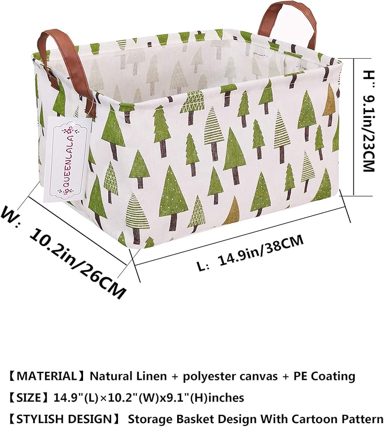 QUEENLALA Rectangular Laundry Hamper/Foldable Nursery Laundry Basket for Organizing/Storage Bin Baskets/Children Toy Office Bedroom/Toy Bin Closet Shelf Baskets（Rec-Green forest）