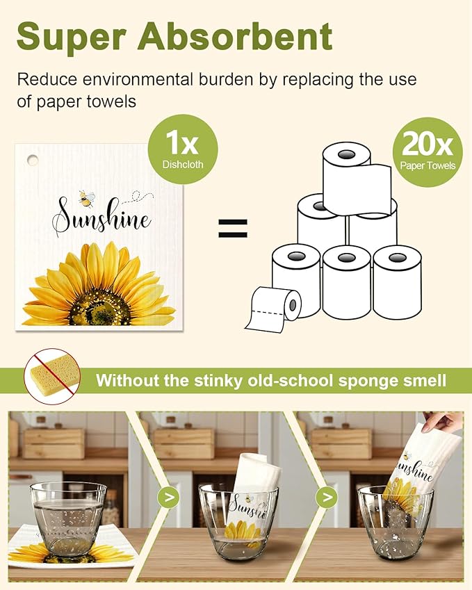 6 Pack Swedish Dishcloths for Kitchen - Reusable Dish Cloths for Washing Dishes Absorbent Cute Funny Kitchen Towels Cleaning Sponge, Sunflower
