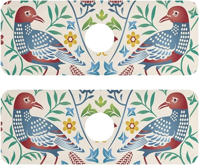 Kitchen Sink Splash Guard Sink Faucet Mat Faucet Handle Drip Catcher Drain Mats for Kitchen Bathroom Countertop Absorbent Dish Drying Mat Pad 2pack 14.7x5.4Inch Retro Floral Birds