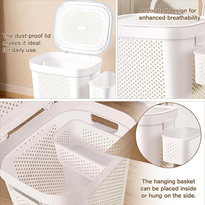 Ultra Wheeled Laundry Hamper with Lid, Suspended basket，Handle and Wheels for Easy Rolling of Clothes to and from The Laundry Room, Plastic（White）