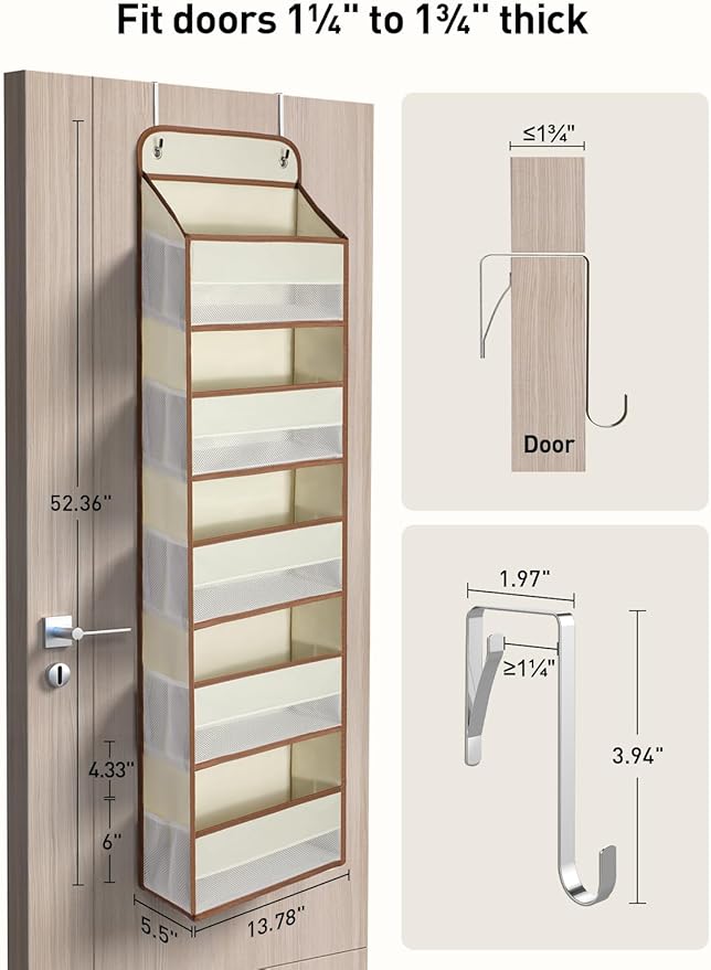 Yecaye 1 Pc 5 Tier Over the Door Organizer with 15 Pockets | 44lb Load Over the Door Storage | No Sagging Closet Organizers and Storage | Versatile Nursery Hanging Organizers for Home Dorm - Beige