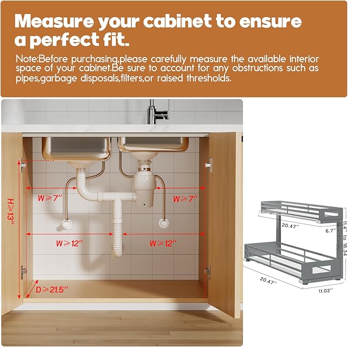 2-Pack 20.47"Deep Under Sink Organizer And Storage,2-Tier L-Shaped Pull Out Cabinet Organizer with Upgraded Slide Rails,Height Adjustable Drawers for Kitchen&Bathroom,Extra-Large Storage Shelves–Gray