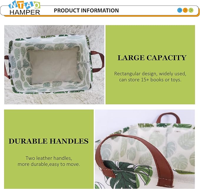Rectangular Green Storage Basket, Waterproof Safari Nursery Box with Handles for Bedroom, Jungle Theme Gifts Basket, Momstera Decor(Leaf)