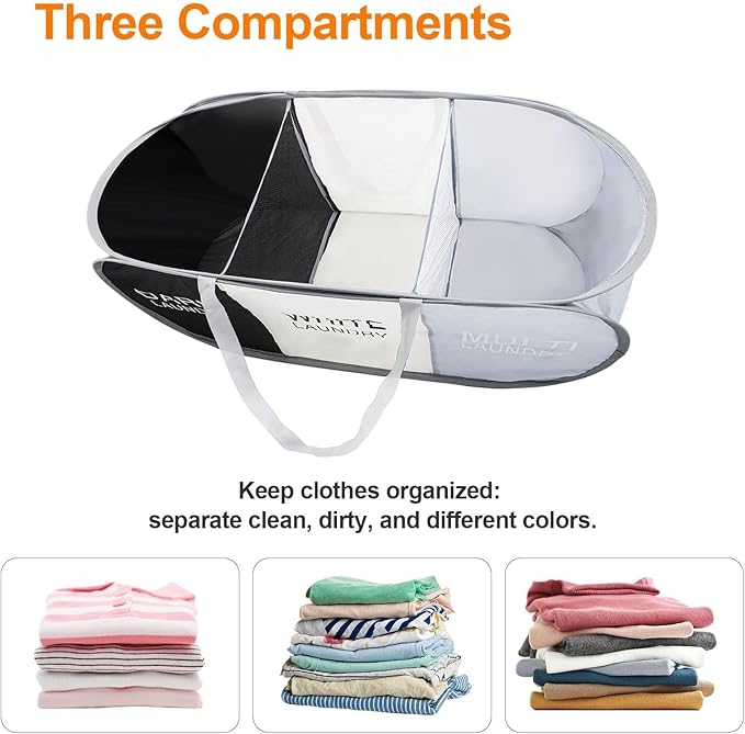 EEEKit 100L Pop Up Laundry Basket, 3 Sections Large Capacity Oxford Cloth Collapsible Laundry Hamper with Reinforced Handles, Space-Saving Sorting Organizer for Dorm Rooms, Bedrooms, Home and Travel