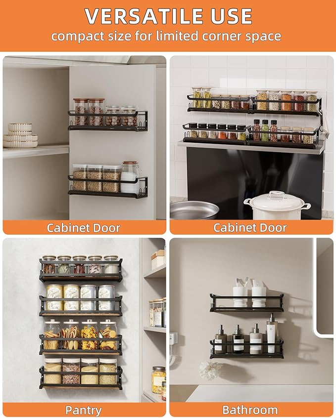 Doakhirmit Wall Mounted Spice Rack with 16 Hooks, Rustic Wood Spice Organizer Shelf for Stove Cabinet Pantry Door,Screw or Adhesive Hanging Spice Shelf,Wall Spice Rack in Kitchen and RV,4 Pack
