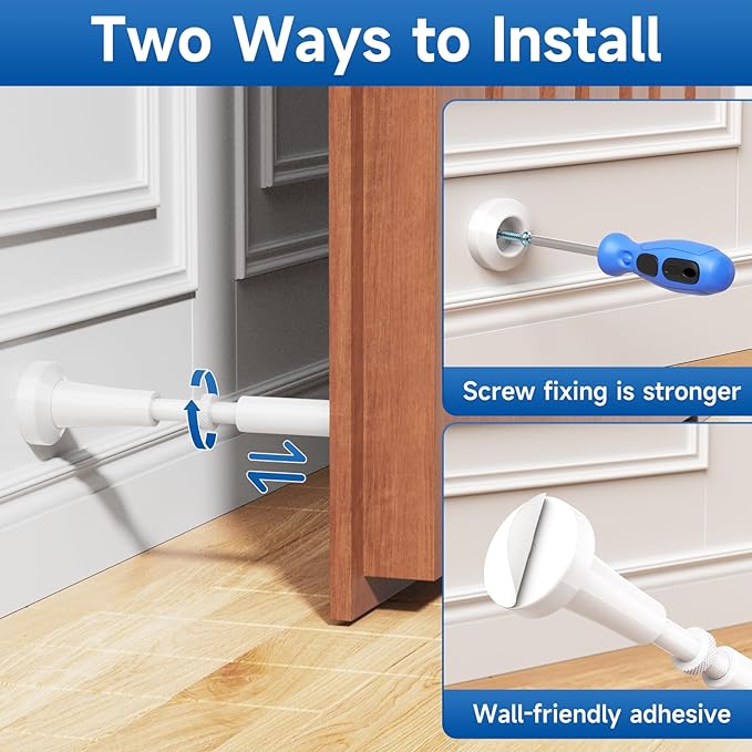 4pcs Adjustable Spring Door Stops, 4.17-5.35in Aluminum Long Door Stoppers with Silicone Tip, Matte Black Door Stop for Bottom of Door, Screw & Adhesive Installation, White