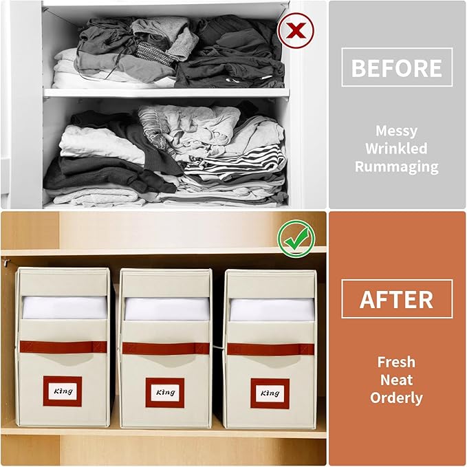 Jumpso 4 Pack Large Bed Sheet Organizer, Foldable King Queen Sheet Organizers and Storage with Oxford Fabric, Clear PVC Window & Leather Handle – Sheet Storage Set for Blankets, Duvet Cover Set