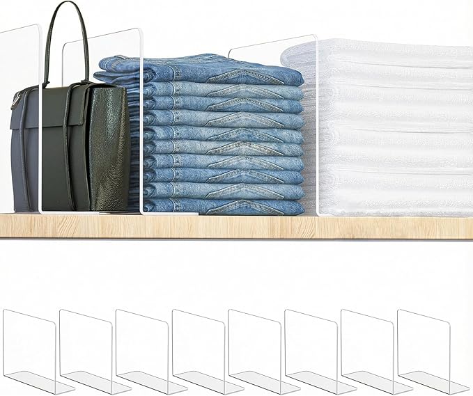 OKPOW Acrylic Shelf Dividers for Closet Organization: 8 Pack Tall Durable Clear Shelves Separators for Clothing Adjustable