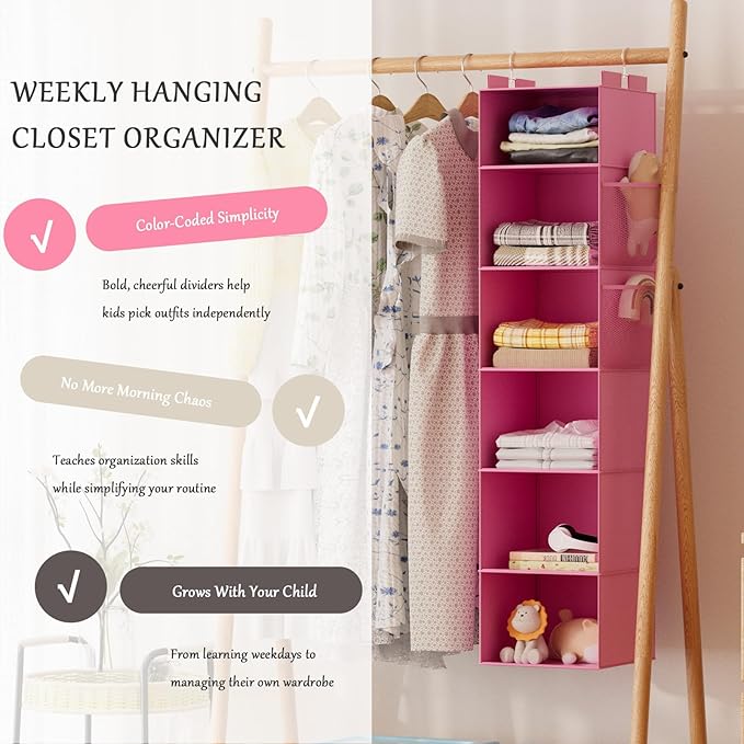 VERONLY Hanging Closet Organizer and Storage with Bamboo Support, 6-Shelf Closet Hanging Storage Shelves, Closet Organizers Easy Mount Foldable for Bedroom (Pink)