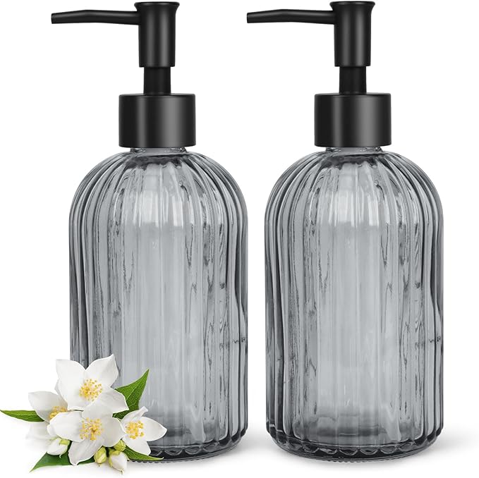 Topsky 2 Pack Glass Soap Dispenser with Plastic Pump,400ml Liquid Hand Soap Dispenser,Rustproof Pump for Kitchen & Bathroom,Great for Lotions,Essential Oil,Liquid Soaps,Gray