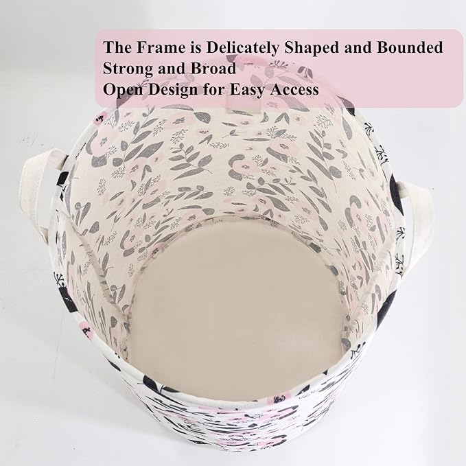 Mziart Cute Laundry Basket, Large Floral Laundry Hamper for Girls Kids Toys Collapsible Clothes Organizer Waterproof Foldable Baby Hamper for Nursery Dorm Fabric Storage Basket Bin with Handles (Pink)