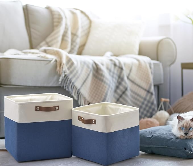 13 Inch Cube Storage Bins,Set of 4, Foldable Storage Basket with PU Handles for Organizing Home, Closet, Laundry, Office, Organizers for Shelves(White/Blue)