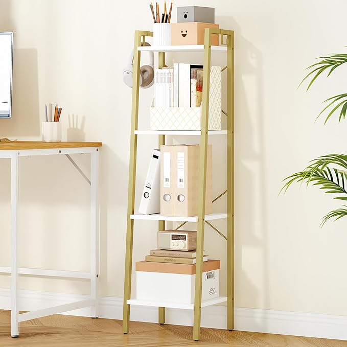 Ladder Shelf, Bookshelf Bookcase, Freestanding Corner Storage Shelve with 2 Hooks for Home Office, Living Room, Kitchen, Bedroom, Industrial, 11.8" D x 13.4" W x 47.2" H, White Gold BC13213G