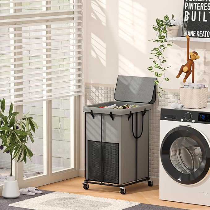 Large Laundry Hampers with Lid, Oxford Fabric Laundry Hampers, Metal Frame and Removable Bag Design with Wheels, Suitable for Bedroom, Bathroom, Dorm Room, Laundry Room (Grey with Lid)