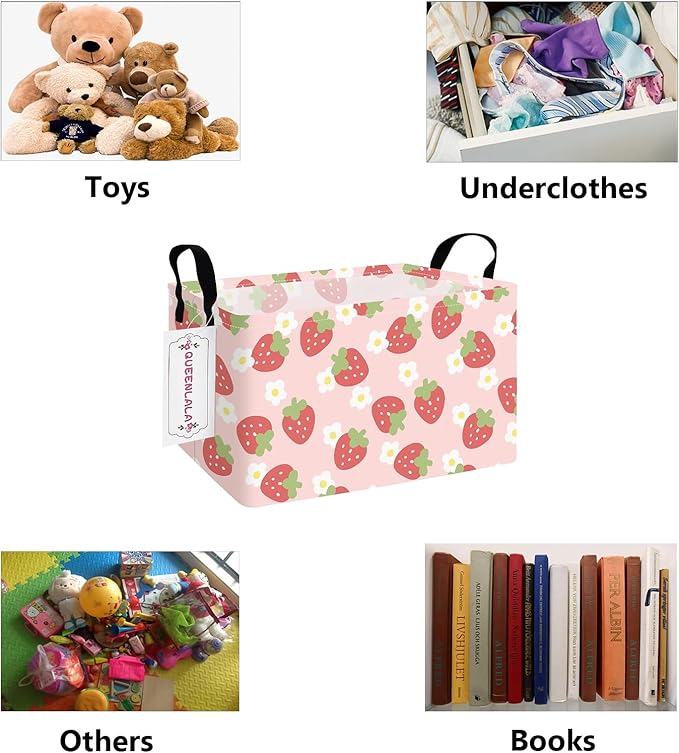 QUEENLALA Rectangular Laundry Hamper/Foldable Nursery Laundry Basket for Organizing/Storage Bin Baskets/Children Toy Office Bedroom/Toy Bin Closet Shelf Baskets（Rec-Pink Strawberry）