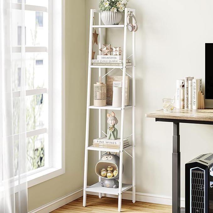 Ladder Shelf, Bookshelf Bookcase, Freestanding Corner Storage Shelve with 2 Hooks for Home Office, Living Room, Kitchen, Bedroom, Industrial, 5-Tier White BC03213W