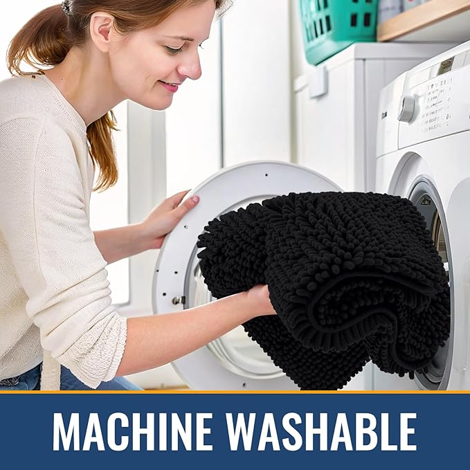 Arotive Bathroom Toilet Rugs U Shaped 24x20, Extra Soft Absorbent Shaggy Chenille Contour Bath Rugs for Toilet, Machine Washable Non-Slip Contoured Bath Mats, Black