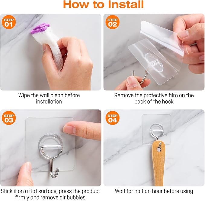 48 Pack Heavy Duty Adhesive Wall Hooks for Hanging - 33lb Max, Transparent Waterproof Rustproof Self Adhesive Hooks for Bathroom, Shower, Kitchen, Outdoor and Home