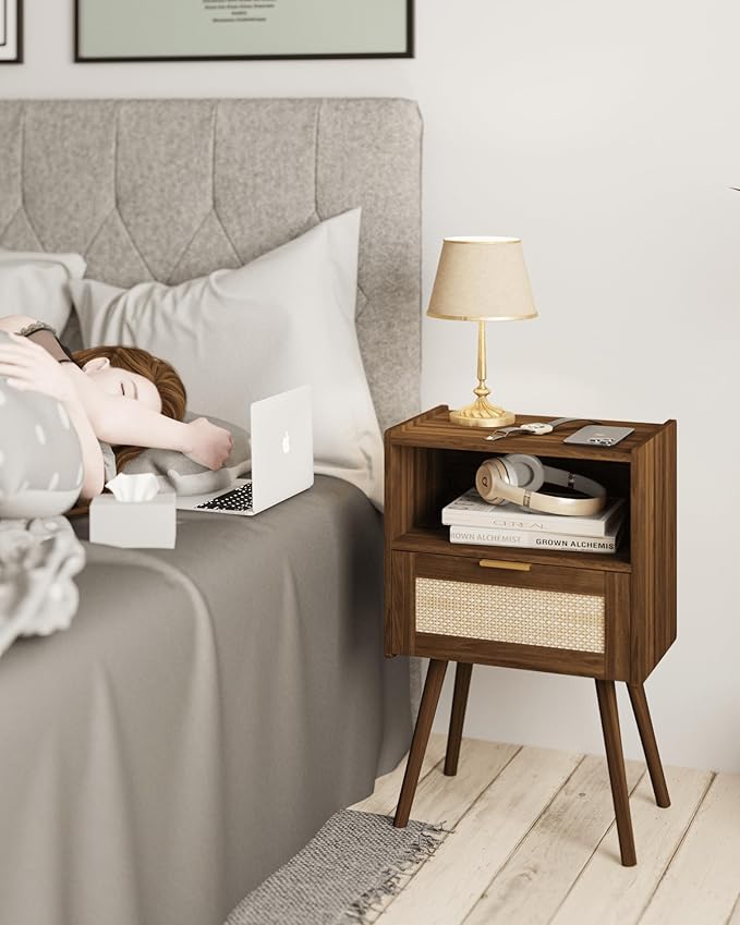 Veegle Rattan Nightstand,Modern Bedside Table with Storage Drawer and Open Wood Shelf, for Living Room, Bedroom and Small Spaces, Accent Night Stand with Solid Wood Legs, Easy Assembly,Walnut Brown
