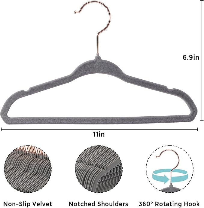 Velvet Baby Hangers 30 Pack - 11 Inch Non-Slip Kids Hanger for Newborn Clothes - Small Toddler Child Hangers Durable for Every Use - 10 Hanger Clips Included, Gray