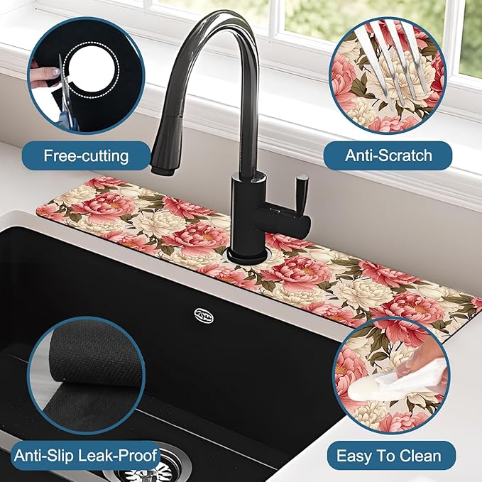 Beautiful Peony Sink Faucet Absorbing Mat Bright Peonies Super Absorbent Fast Drying Mat Sink Gadgets Behind Faucet Sinkmat for Kitchen Bathroom, 23.5"x5.5"
