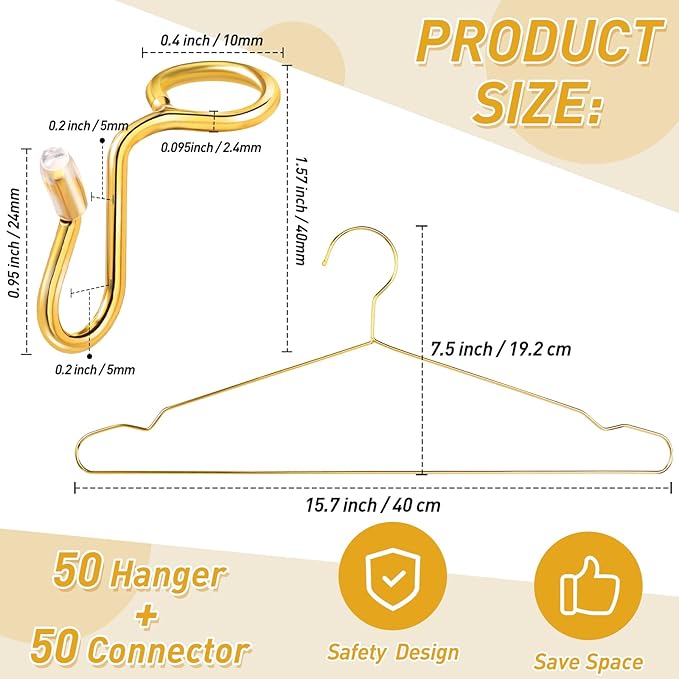 Wesiti 100 Pcs Gold Hangers Cloth Space Savers Hanger Set Include 50 Strong Metal Wire 17.7 in Clothes Hangers with 50 Hanger Connector Extender Hook Space Saving for Jacket Shirt Dress Closet Dorm