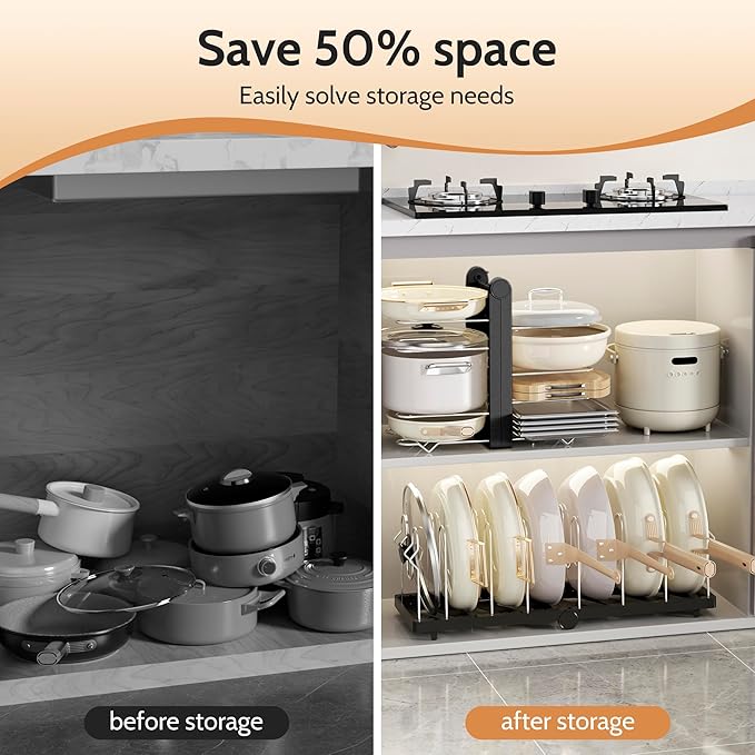 CEHNCEH Pots and Pans Organizer under Cabinet for Cabinet and Countertop Longest 28.5 in Foldable Adjustable 8-Tier Pan Organizer Rack Perfect to Store Pots, Kitchen Cabinet Organizer (Black)