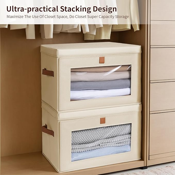 Large Closet Storage Bins - Collapsible Clothing Organizer with Handles & Window, Decorative Bin with Lids, Linen Closet Organizers for Living Room, Dorm, 8 Pack, Beige