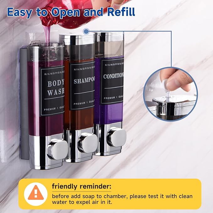 Shower Soap Dispenser Wall Mounted No Drill Shampoo Dispenser for Shower Wall Shampoo and Conditioner Dispenser Bathroom Hote 3 * 300ml Chrome Self