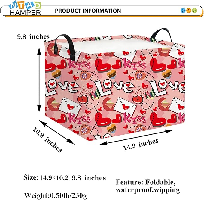 Rectangular Heart Print Storage Basket Empty,Collapsible Gift Basket with Handles,Books Box,Room Decor(Love Letter)
