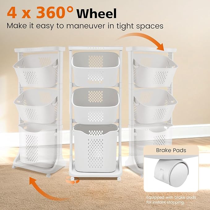 Rolling Laundry Hamper Cart with Wheels, 3 Tier White Laundry Baskets, Clothes Hamper with Portable Storage Baskets for Kitchens, Bathrooms, Bedrooms, Classrooms, Laundry Rooms(75L)