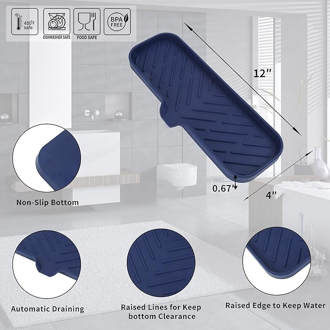 MicoYang Silicone Bathroom Soap Dishes with Drain Spout-Kitchen Sink Organizer,Sponge Holder,Dish Soap Tray,Perfect for Dispenser,Scrubber,Bottle,Cup on Sink or Counter-Navy Blue 12"×4"