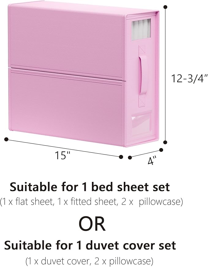 SUOCO SheetCube Bed Sheet Organizers and Storage 4 Pack, Foldable Linen Closet Organizer with Window and Label, Bedding Folder Storage Box Container for Blanket, Duvet Cover Set, Bed Sheet Set - Pink