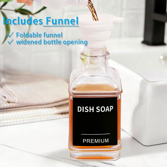 Dish Soap Dispenser for Kitchen, Hand Glass Soap Dispenser Set with Pump, Funnel for Bathroom, Shower, Laundry, Liquid, Lotion (Black 2 Pack 18 Oz Clear Bottles with 12 Stickers)