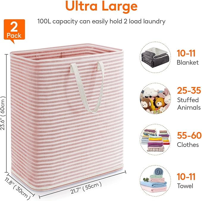 Lifewit 2 Pack Laundry Hamper Large Collapsible Laundry Baskets, Freestanding Waterproof Clothes Hamper with Easy Carry Handles in Laundry Room Bedroom Bathroom College Dorm, Grey&Pink, 2 x 100L
