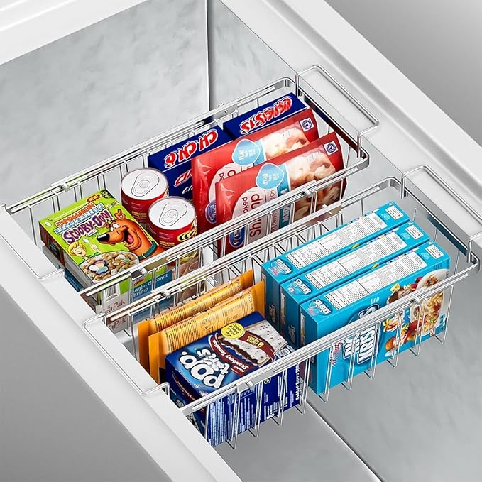 Orgneas Freezer Baskets for Chest Freezer, Capacity Expandable Deep Freezer Organizer Bins Adjustable From 16.5" to 26.5" Stainless Steel Wire Basket Storage with Hanging Handles