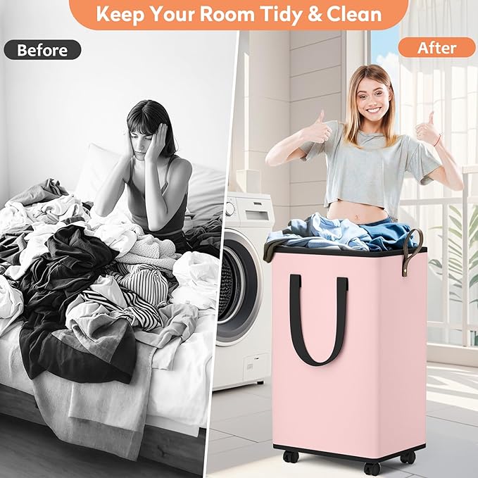 Laundry Basket with Wheels, Collapsible Laundry Baskets, Laundry Hamper with Handles Detachable Wheels, Rolling Laundry Basket, Dirty Clothes Hamper for Bathroom, Dorm, Bedroom, Pink, 100L