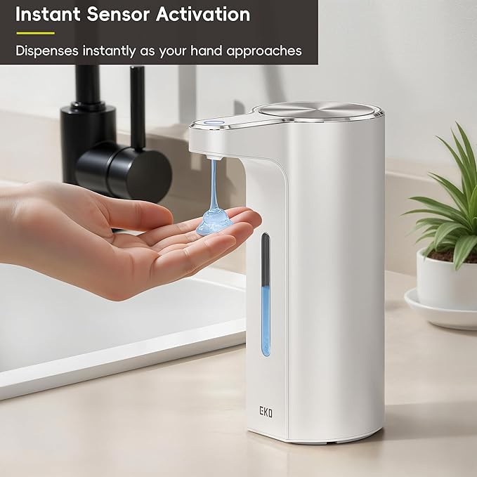 EKO Aroma Pro 13.5 fl oz Touchless Automatic Liquid Soap Dispenser, Rechargeable Electric Hand & Dish Soap Dispenser for Bathroom and Kitchen, IPX7 Waterproof, Adjustable Volume Control (White)